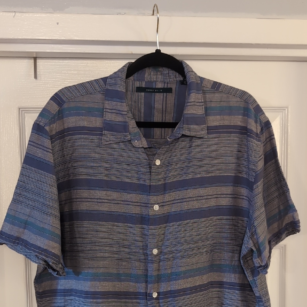 Perry Ellis Blue and Gray Striped Button-Down Shirt